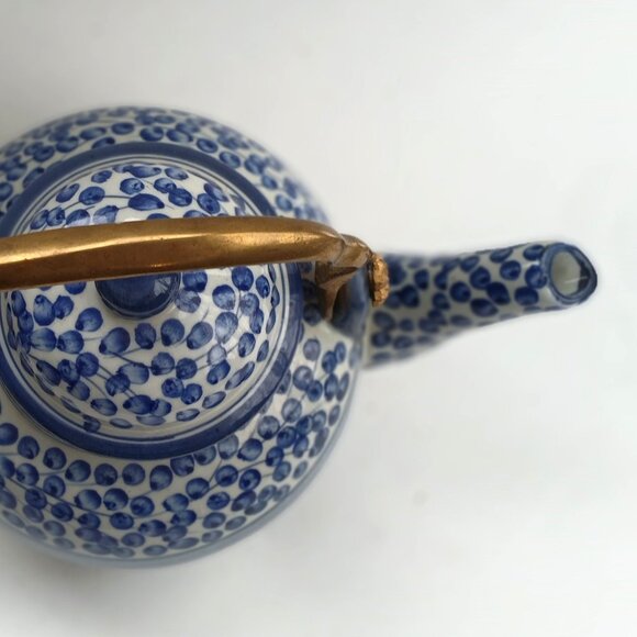 Oriental Style Blue & White Porcelain Teapot With Brass Handle Not Used VTG - Picture 7 of 12